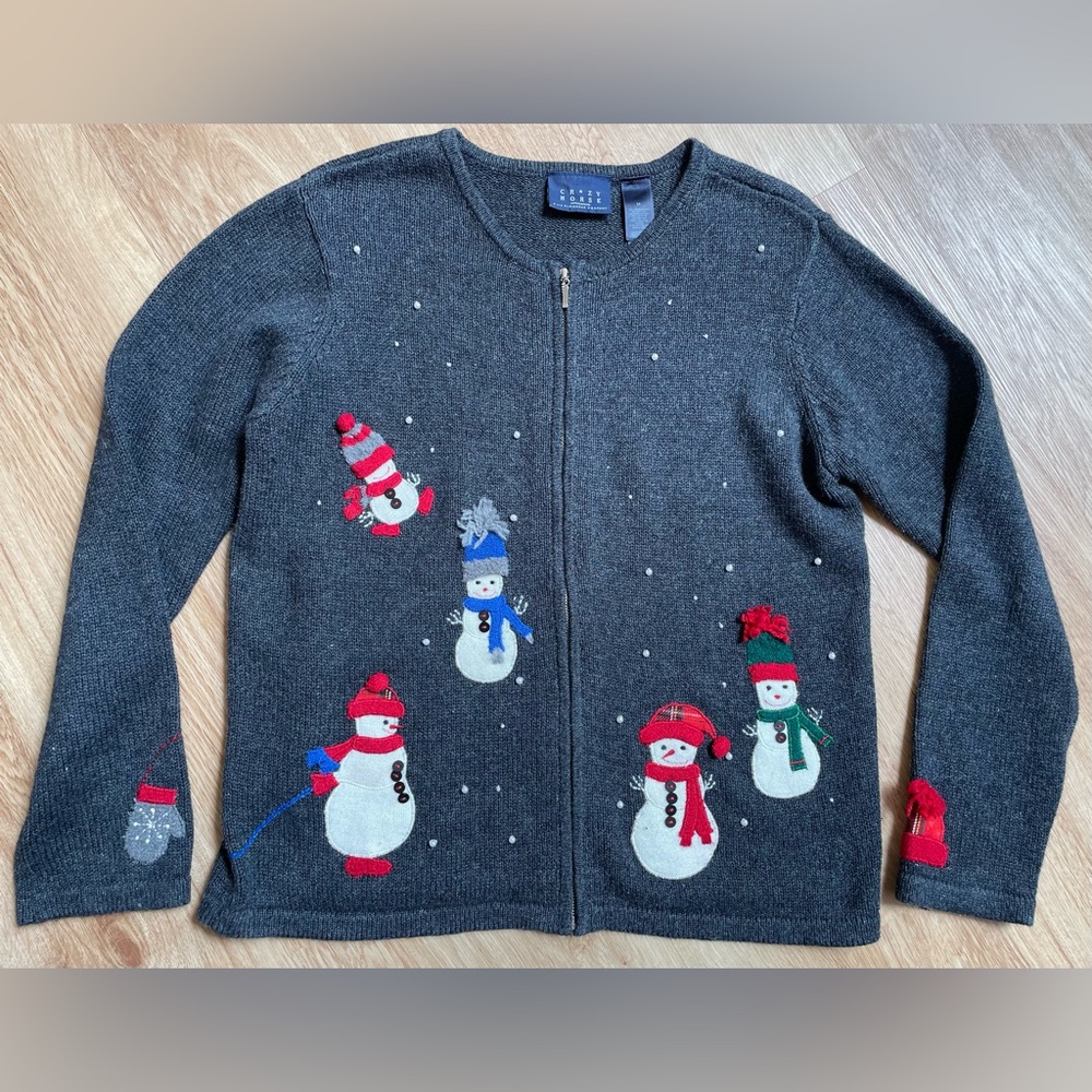 Vintage Christmas sweater Crazy Horse zip cardigan navy snowman not ugly medium